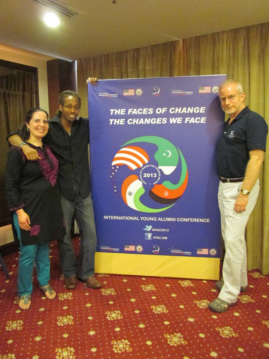 NEFA's Sarah Long Holland, Assistant Cultural Affairs Office Ajani Husbands, and Rob RIchter at the US Embassy Islamabad's International Young Alumni Conference