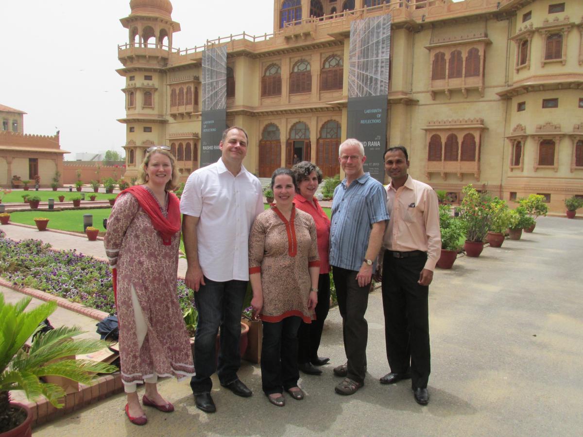 Center Stage Team with US Embassy Staff outside Mohatta Palace in Karachi after touring an exhibit of internationally acclaimed visual artists Rashid Rana. L-R, Cultural Affairs Officer Kristin Haworth, Brian Jose, Sarah Long Holland, Deirdre Valente, Rob Richter, and Cultural Affairs Assistant, Ali Chauhan.