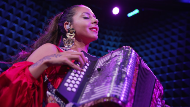 A woman in a red dress plays an accordion on a purple-lit stage