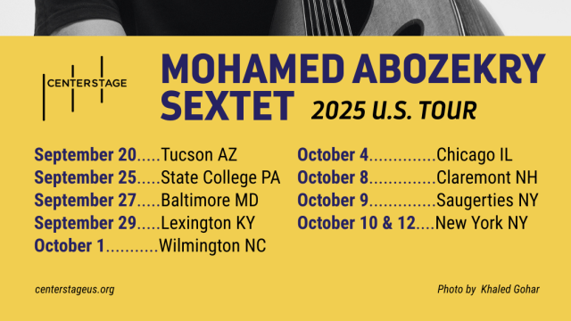 A black and white photo of a man with an oud, underneath is a list of tour dates.