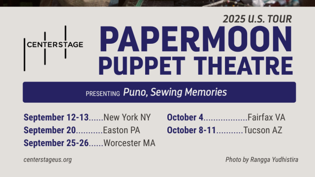 A photo of a puppet sitting at a sewing machine with a list of tour dates beneath it.