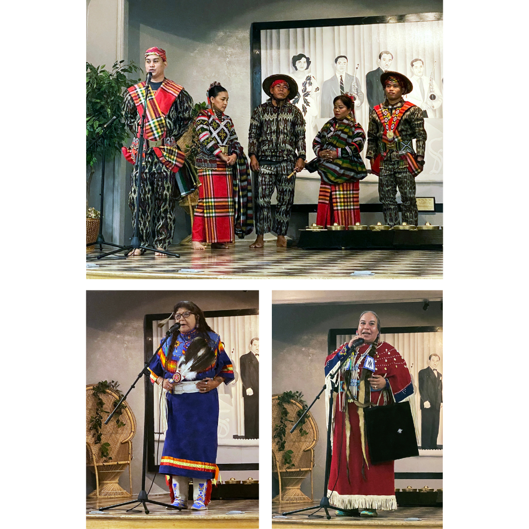 Traditional Tboli performers and  traditional Native American performers on stage next to eachother