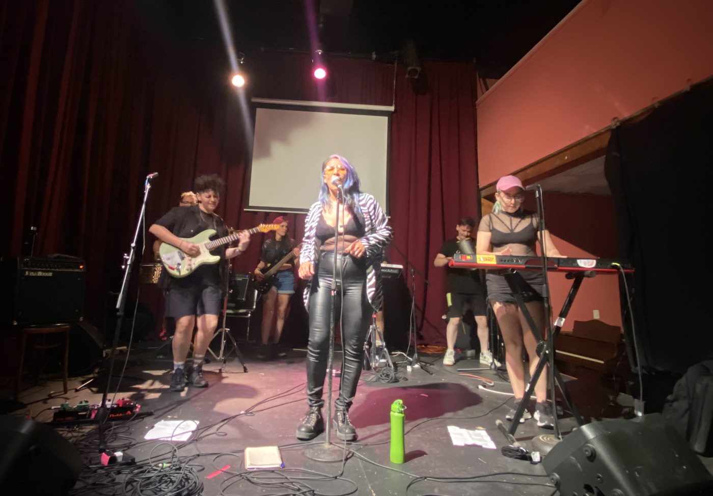 A band performs on a small stage, fronted by a woman in a zebra-print jacket