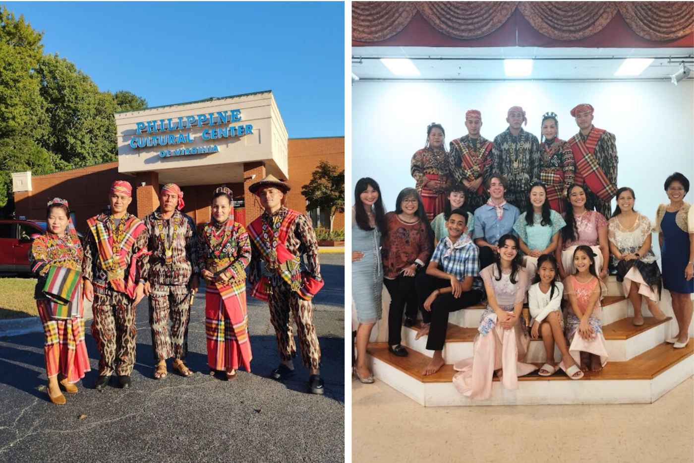 Helobung at the Philippine Cultural Center of Virginia Artists stand in front of a building, and then pose with more inside