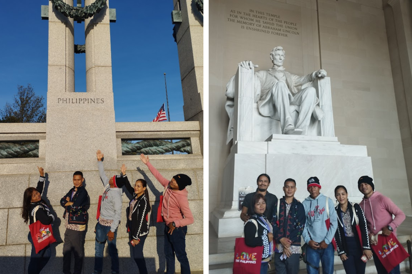 Helobung at DC Sites Five people stand in front of the Lincoln Memorial and other DC sites