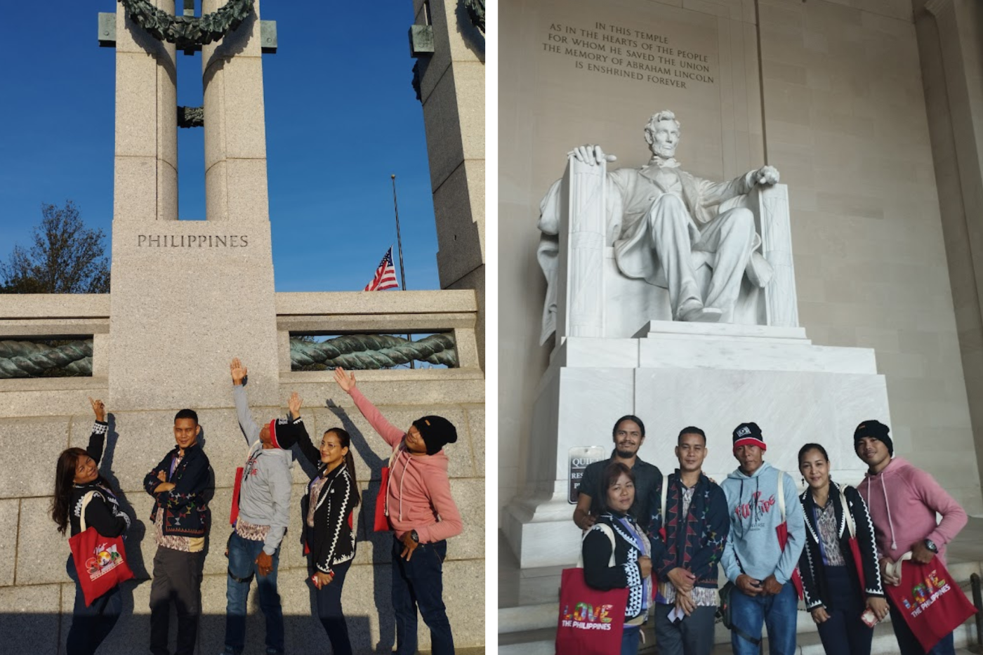 Five people stand in front of the Lincoln Memorial and other DC sites