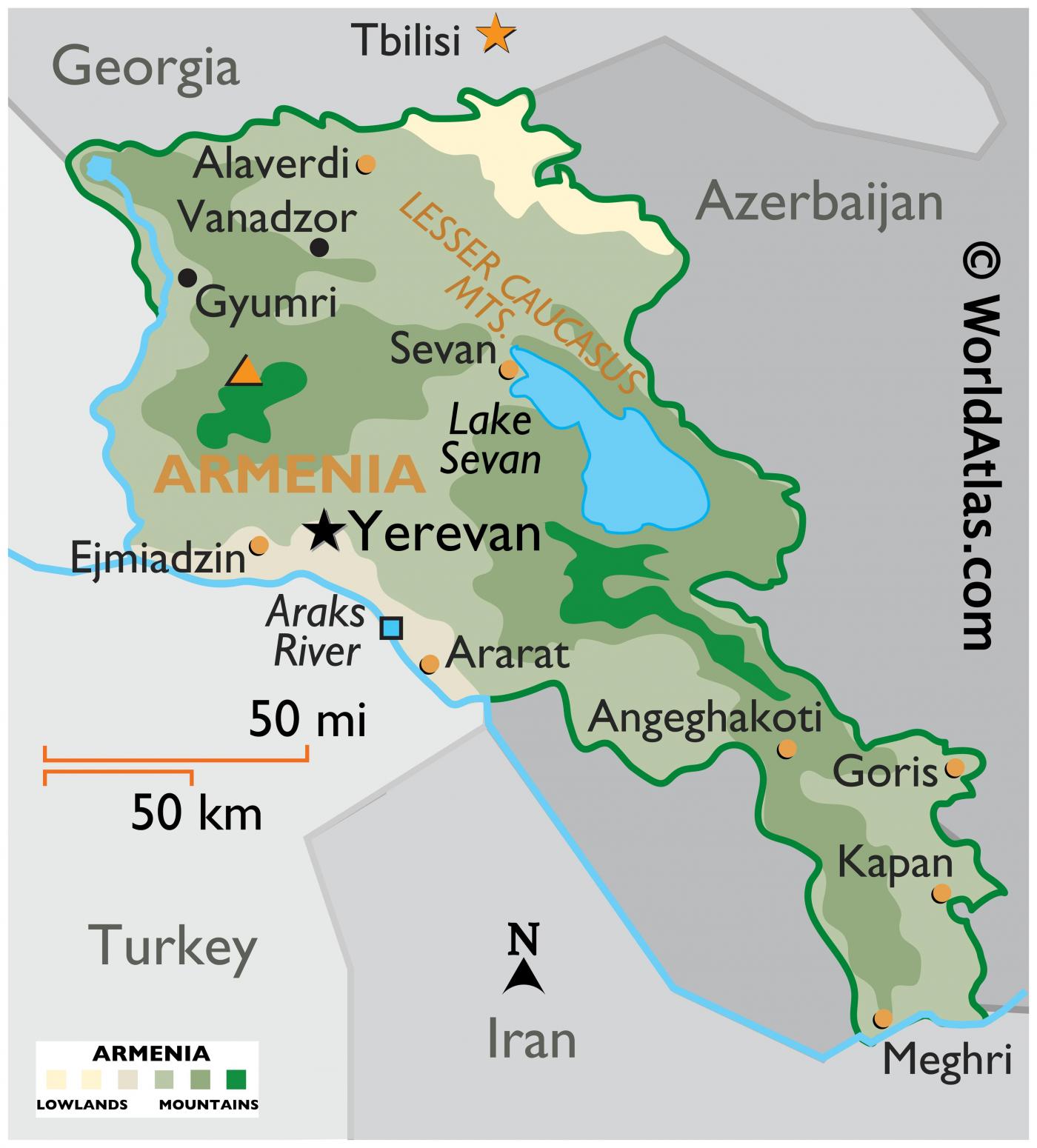 A map of Armenia, showing the different regions of the country