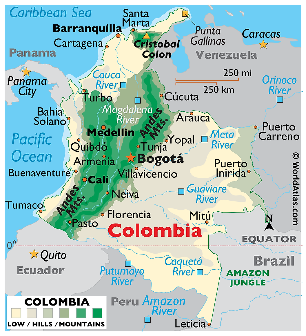 A map of Colombia, showing the different regions of the country