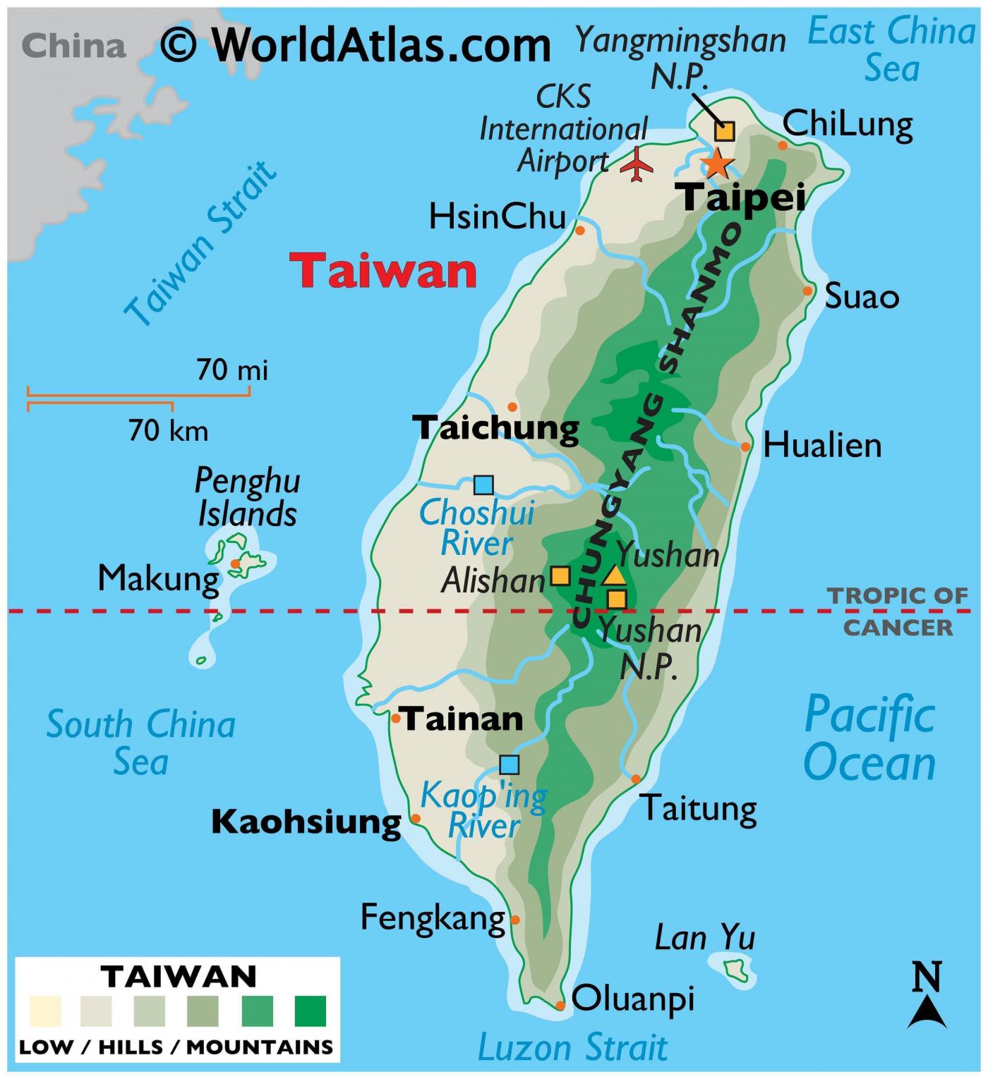 Map of Taiwan, courtesy of World Atlas A map of Taiwan, showing the different regions of the territory