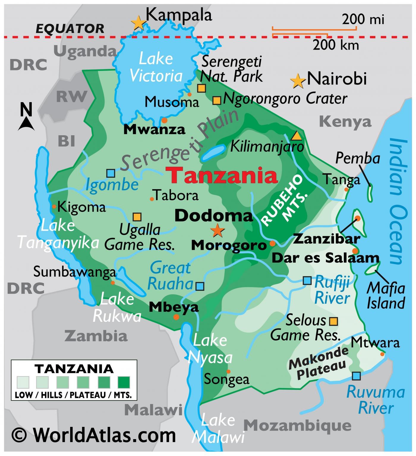 A map of Tanzania, showing the different regions of the country