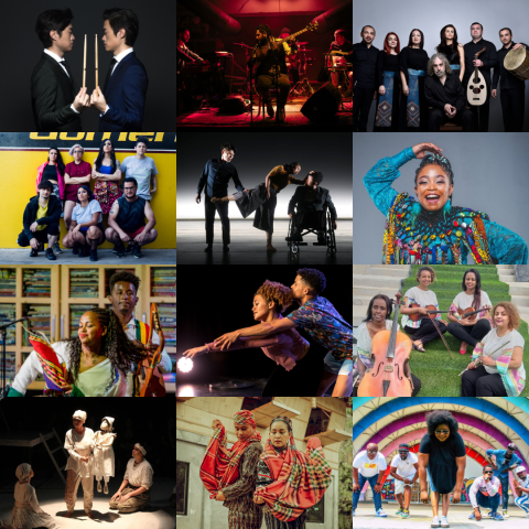 A collage of twelve performing arts groups are arranged in a grid